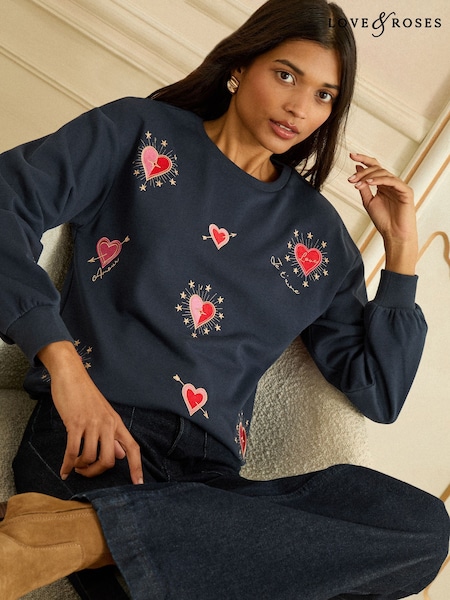 Love & Roses Navy Blue Heart Embroidery Crew Neck Jersey Sweatshirt (H68463) | €50.50
