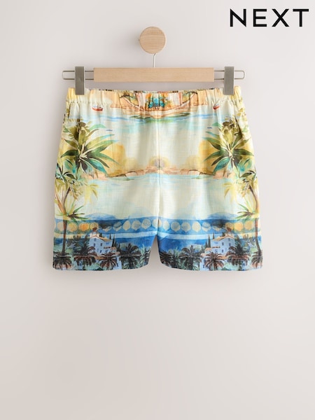 Scenic Print Elasticated Waist Shorts with Linen (H68539) | 90 QAR