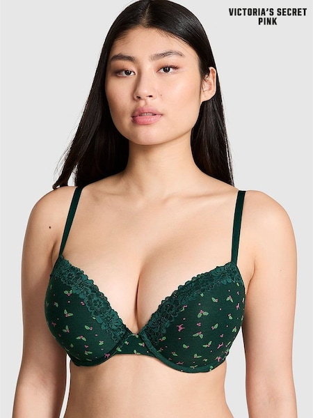 Victoria's Secret PINK Deep Forest Green Christmas Holly Print Super Push Up Cotton Heather Lace Trim Bra (H68640) | €34