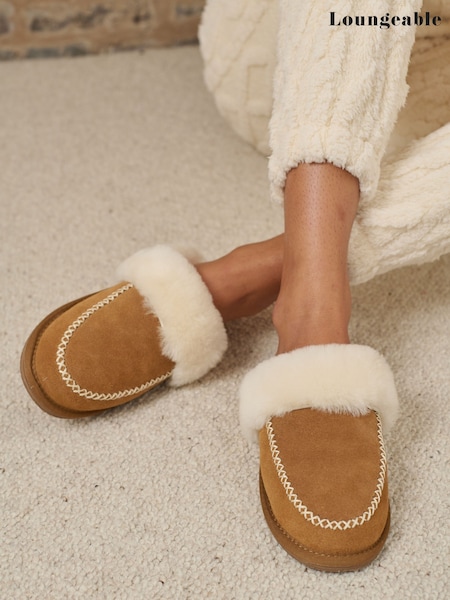 Loungeable Brown Real Sheepskin Fluffy Cross Stitch Mules (H68683) | AED320