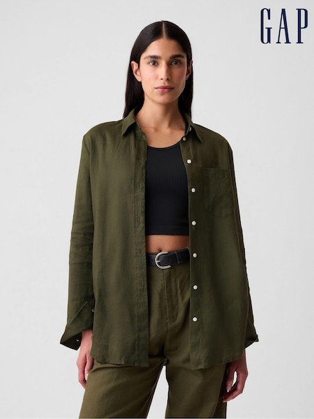 Gap Khaki Green 100% Linen Long Sleeve Oversized Shirt (H68813) | €34