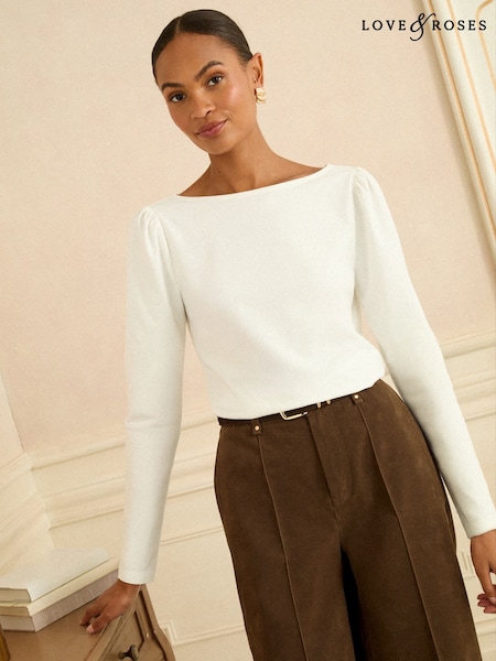 שנהב - Love & Roses Long Sleeve Scallop Back Jersey Top (H69124) | ‏81‏₪