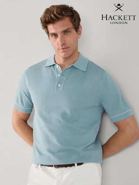 Hackett Blue Short Sleeve Textured Knitted Polo Shirt (H69426) | € 218