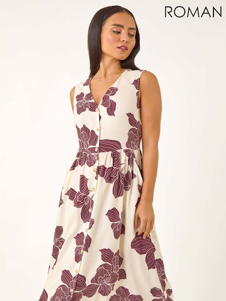 Roman Brown Petite Floral Print Button Detail Midi Dress (H69448) | R$ 605