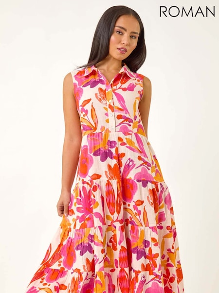 Roman Pink Petite Floral Print Contrast Tiered Collar Dress (H69451) | €63