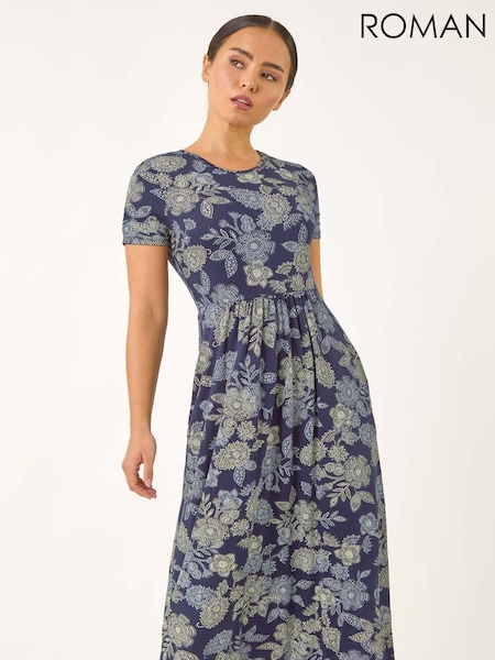 Roman Blue Petite Floral Print Midi Stretch Dress (H69452) | €53