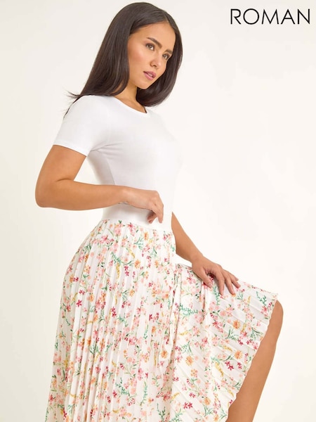 Roman Pink Petite Floral Print Pleated Midi Skirt (H69454) | €58