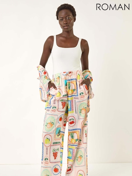 Roman White Fruit Print Tie Waist Stretch Trousers (H69459) | €45