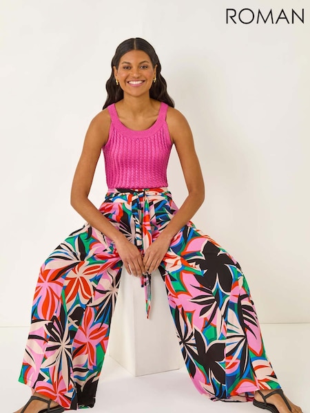 Roman Pink Abstract Print Pocket Palazzo Wide Leg Trousers (H69465) | €53