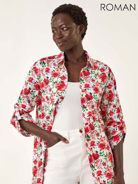 Roman Red Floral Print Collared Tab Sleeve Shirt (H69468) | €53