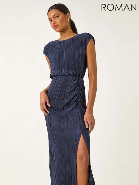 Roman Blue Plisse Cowl Back Midi Dress (H69472) | R$ 785