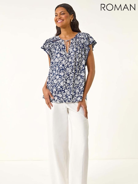 Albastru - Roman Floral Print Frill Sleeve Tie Blouse (H69473) | 298 LEI