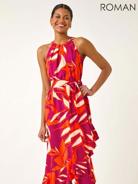 Roman Pink Floral Print Frill Wrap Midi Dress (H69478) | €86