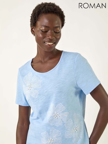 Roman Blue Floral Print Pearl Detail T-Shirt (H69479) | €40