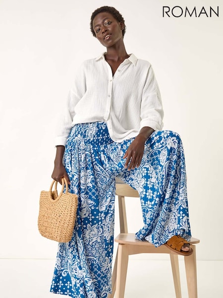 Roman Blue Printed Shirred Wide Leg Trousers (H69480) | €53