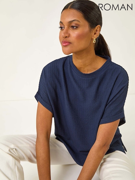 Roman Blue Textured Crepe Stretch Boxy T-Shirt (H69499) | 198 QAR
