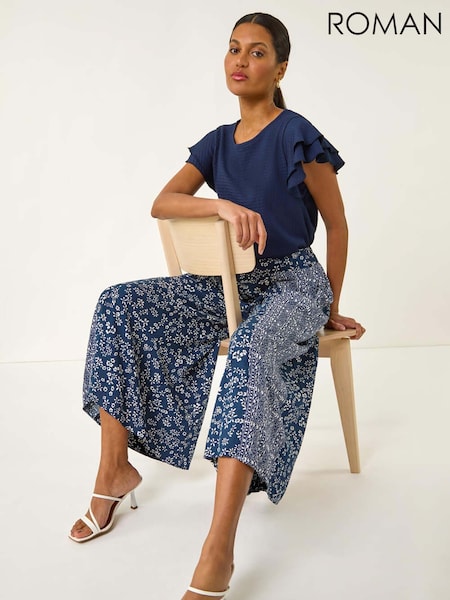 Roman Blue Floral Print Wide Leg Palazzo Culottes Trousers (H69500) | R$ 485
