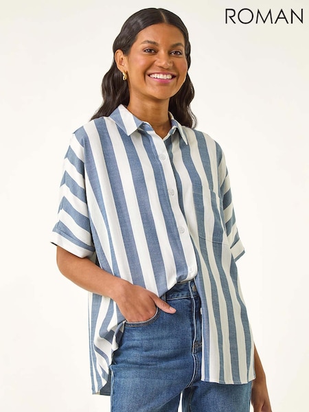 Roman Blue Stripe Print Button Detail Shirt (H69501) | R$ 485