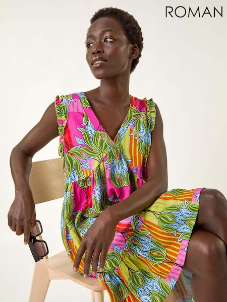 Roman Pink Leaf Print Frilled Smock Dress (H69508) | €60