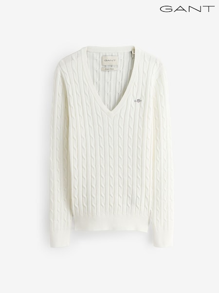 GANT Cream Stretch Cotton Cable Knit V-Neck Jumper (H69657) | €166