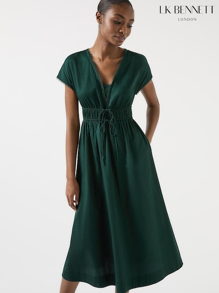 LK Bennett Green Emi Pine Grove Cotton Scallop Trim Cotton Tie Detail Dress (H69707) | R$ 2.460