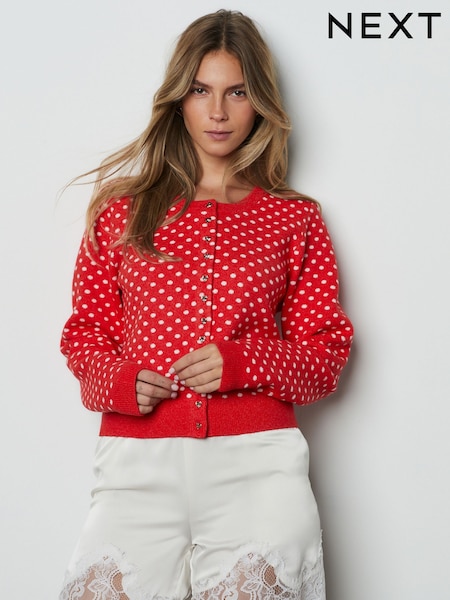 أصفر منقط - Slim Supersoft Crew Neck Cardigan with Wool (H69783) | ‏165 ر.ق.