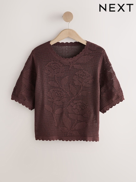 Chocolate Brown Short Sleeve Floral Crochet Crew Neck T-Shirt (H69789) | €27