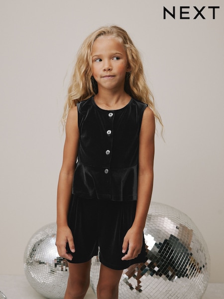Black Velour Waistcoat and Short Set (3-16yrs) (H69954) | AED91 - AED117
