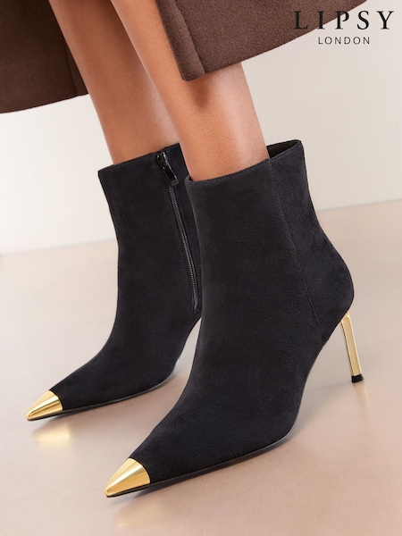 Lipsy Black Faux Suede Gold Metallic Toecap Mid Stiletto Heel Party Boots (H69965) | €87.50