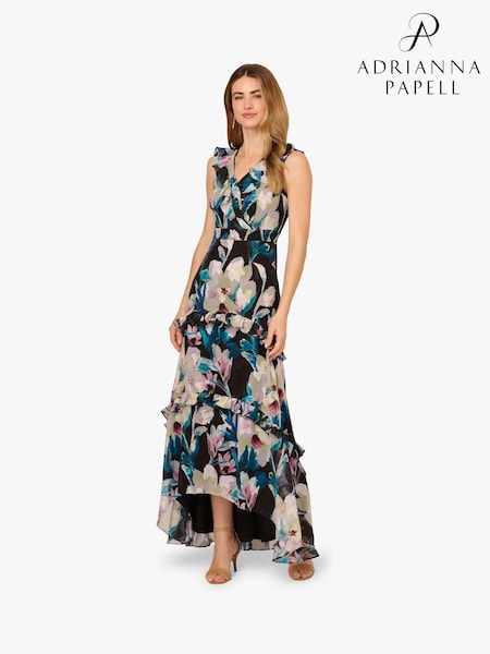 Adrianna Papell Floral Print Ruffle Chiffon Black Gown (H69996) | AZN 624