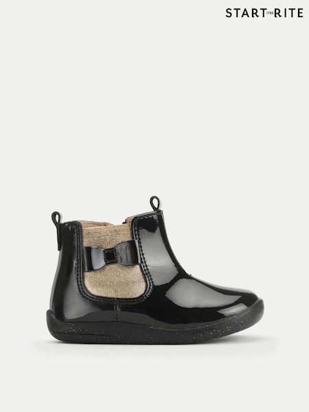 Start-Rite Girls Wonderland Shiny Patent Ankle Zip-Up Bow Chelsea Black Boots (H70060) | R$ 475