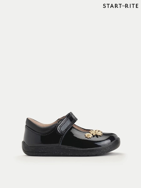 Start-Rite Girls Fairy Tale Shiny Patent Mary Jane Rip Tape Floral Print First Black Shoes (H70063) | ‏231‏₪
