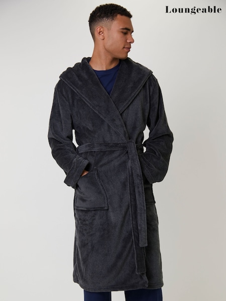 Loungeable Grey Textured Hooded Mens Dressing Gown (H70205) | €45