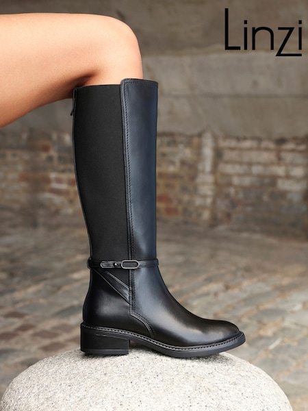 Linzi Black Power High Leg Boots With Stretch Side Panel and Buckle Detail (H70218) | €77