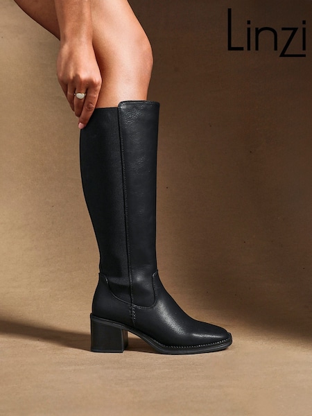 Linzi Black Reason Block Heel High Leg Boots With Back Stretch Panel (H70230) | €77