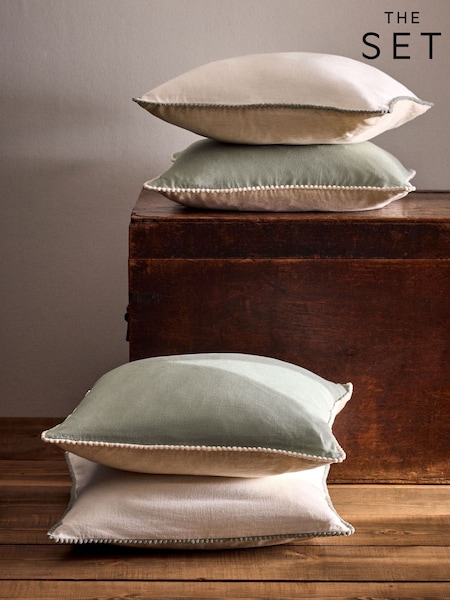 The Set 4 Pack Green/Natural Cotton Linen Pom Pom Cushion Covers (H70267) | €37