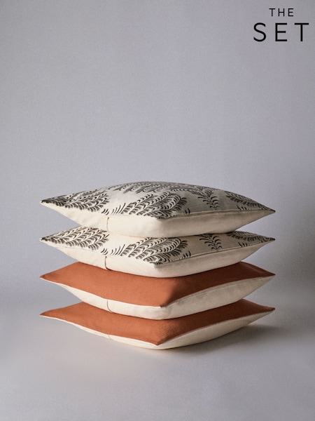 The Set 4 Pack Rust/Natural Palm Woodblock Printed Cotton Cushion Covers (H70270) | €33