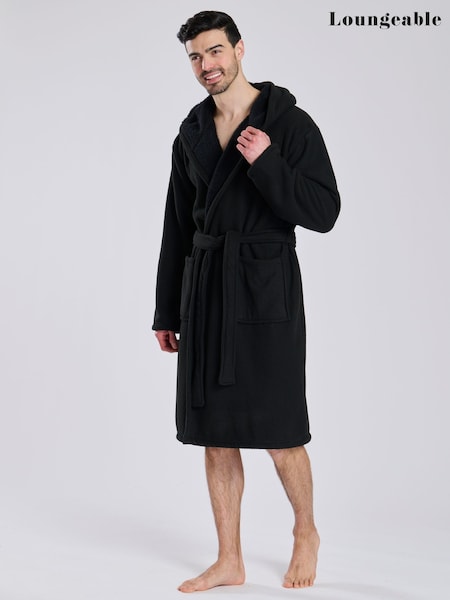 Loungeable Black Waffle Bonded Fleece Lined Hooded Dressing Gown (H70469) | €53