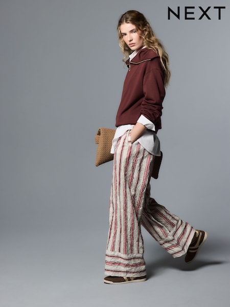 Stone/Red Stripe Wide Leg Pull On Trousers (H70521) | ₪113