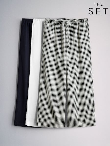 The Set 3 Pack Wide Leg Trouser With Linen White/Navy Blue/Gingham (H70525) | AED210