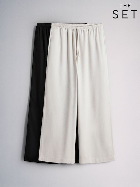 The Set 2 Pack Wide Leg Trouser With Linen Black/Stone (H70539) | PKR 14,600