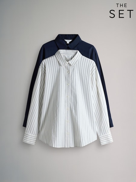 The Set 2 Pack Cotton Oxford Shirts Navy Blue/White Stripe (H70543) | AED175