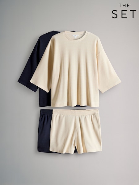 The Set 2 Pack Oversized T-Shirt and Short Waffle Lounge Set Navy/Taupe Brown (H70545) | 190 zł