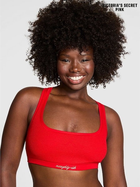 Victoria's Secret Pink Bright Vermillion Red Christmas Script Cotton Racerback Bralette (H70592) | €38