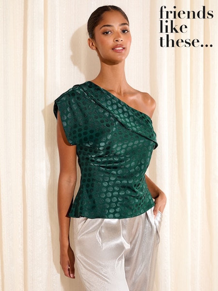 Friends Like These Teal Spot Off the Shoulder Satin Sleeveless Blouse (H70665) | €59.50