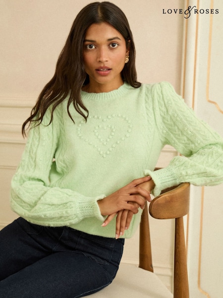 Mint grønt hjerte - Love & Roses Bobble Stitch Cosy Knitted Jumper (H70732) | kr613