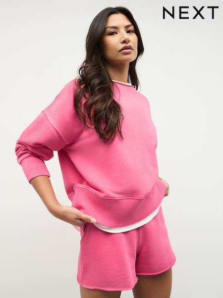 Magenta Pink Raw Hem Detail Washed Cotton Crew Neck Sweatshirt (H70764) | €40