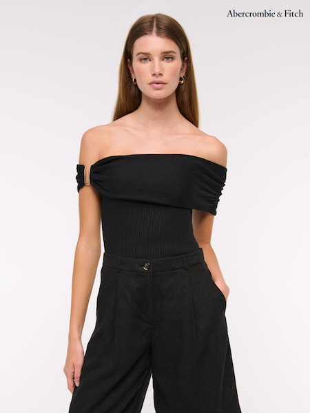 Abercrombie & Fitch Off Shoulder Fold Over Short Sleeve Black Top (H70809) | €64