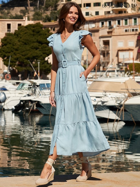 Sosandar Blue Ruffle Sleeve Tiered Hem Midi Dress (H70904) | R$ 740