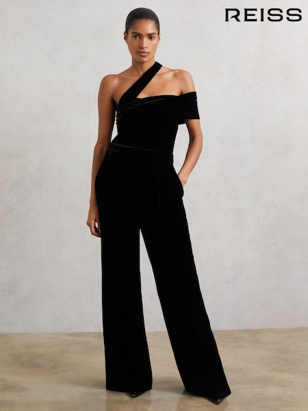 Reiss Black Daria Velvet One-Shoulder Wide-Leg Jumpsuit (H71011) | €237
